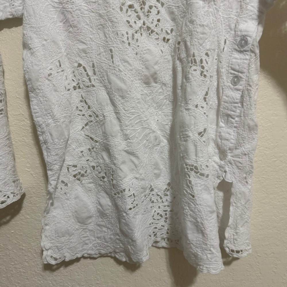 Hibis Women White Eyelet Lace Floral Embroidery Tunic V-Neck 3/4 Sleeve Top - Picture 5 of 11